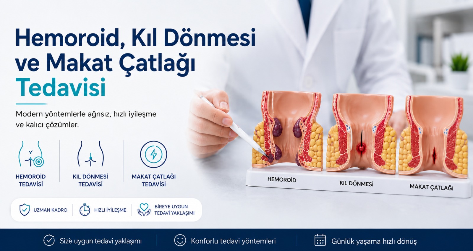 Hemoroid, kıl dönmesi ve makat çatlağı anatomik modelleri üzerinde tedavi anlatan doktor