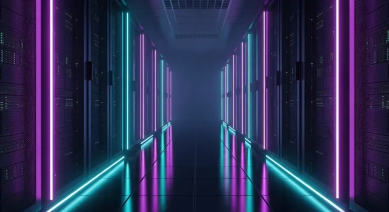 Mor ve turkuaz neon ışıklı karanlık sunucu koridoru